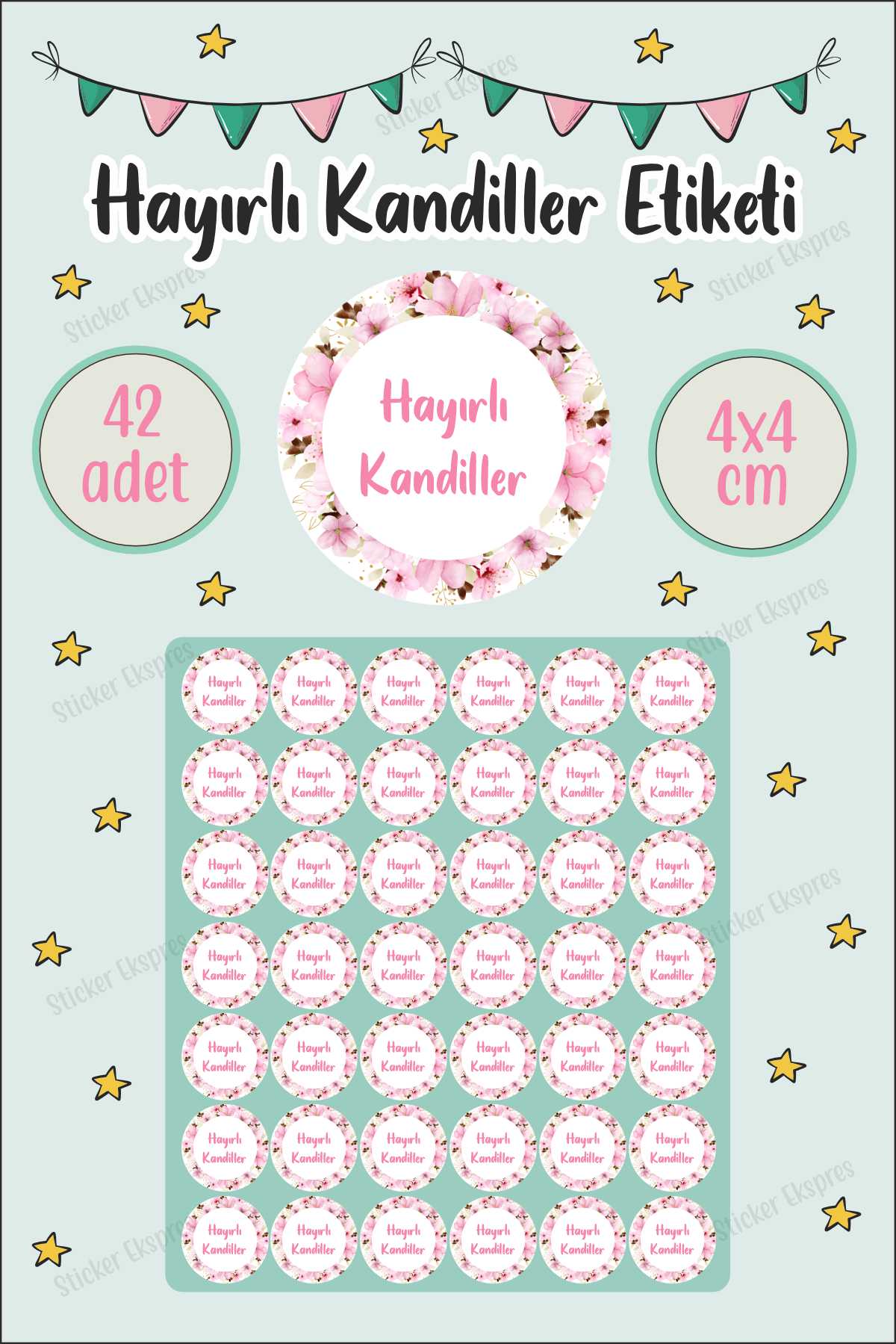 Pembe Çiçekli Ve Pembe Yazılı Hayırlı Kandiller Etiketi Mübarek Günler Kandil Sticker