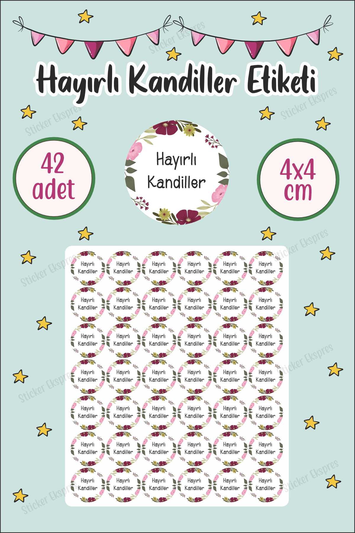 Mürdüm Ve Pembe Çiçekli Hayırlı Kandiller Etiketi Mübarek Günler Kandil Sticker