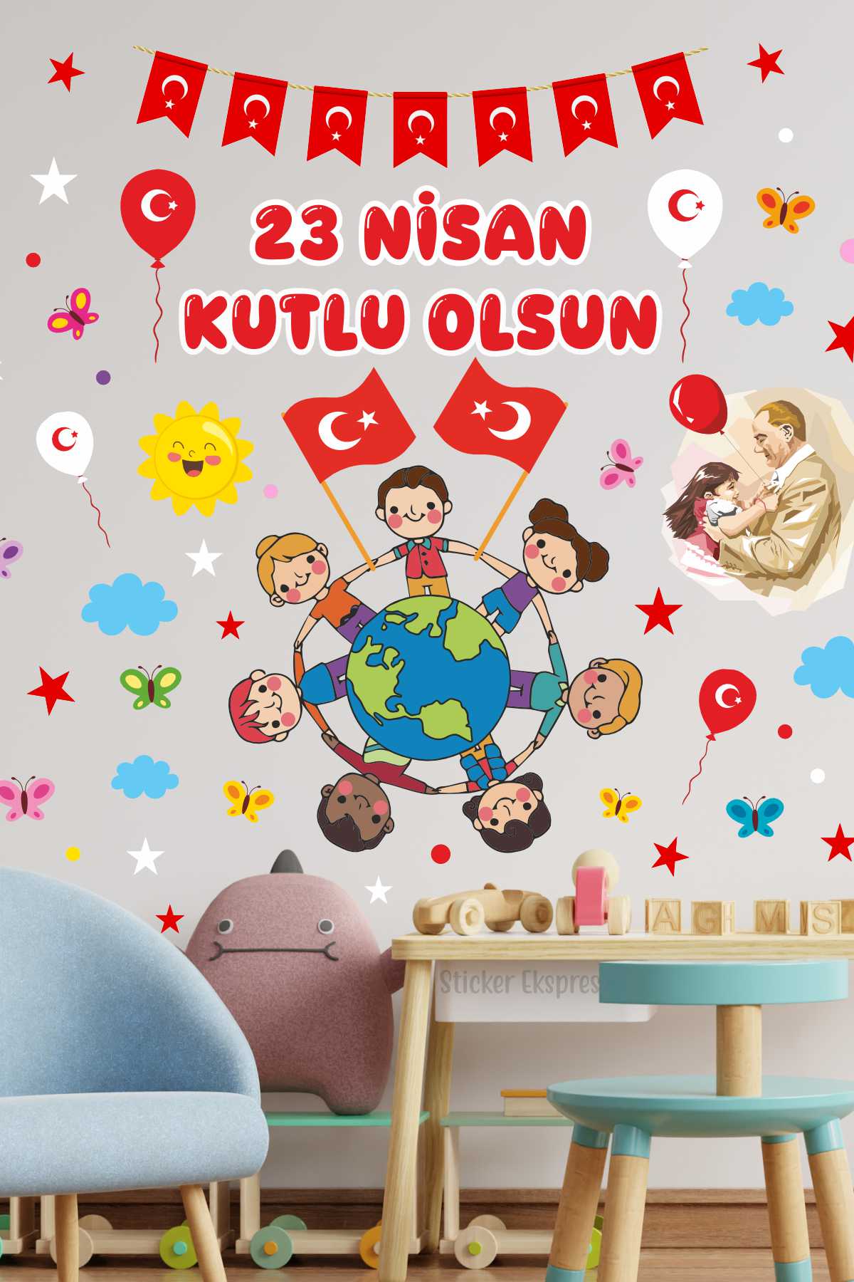 23 Nisan Ulusal Egemenlik Ve Çocuk Bayramı Atatürk Cam Kapı Duvar Sticker Seti