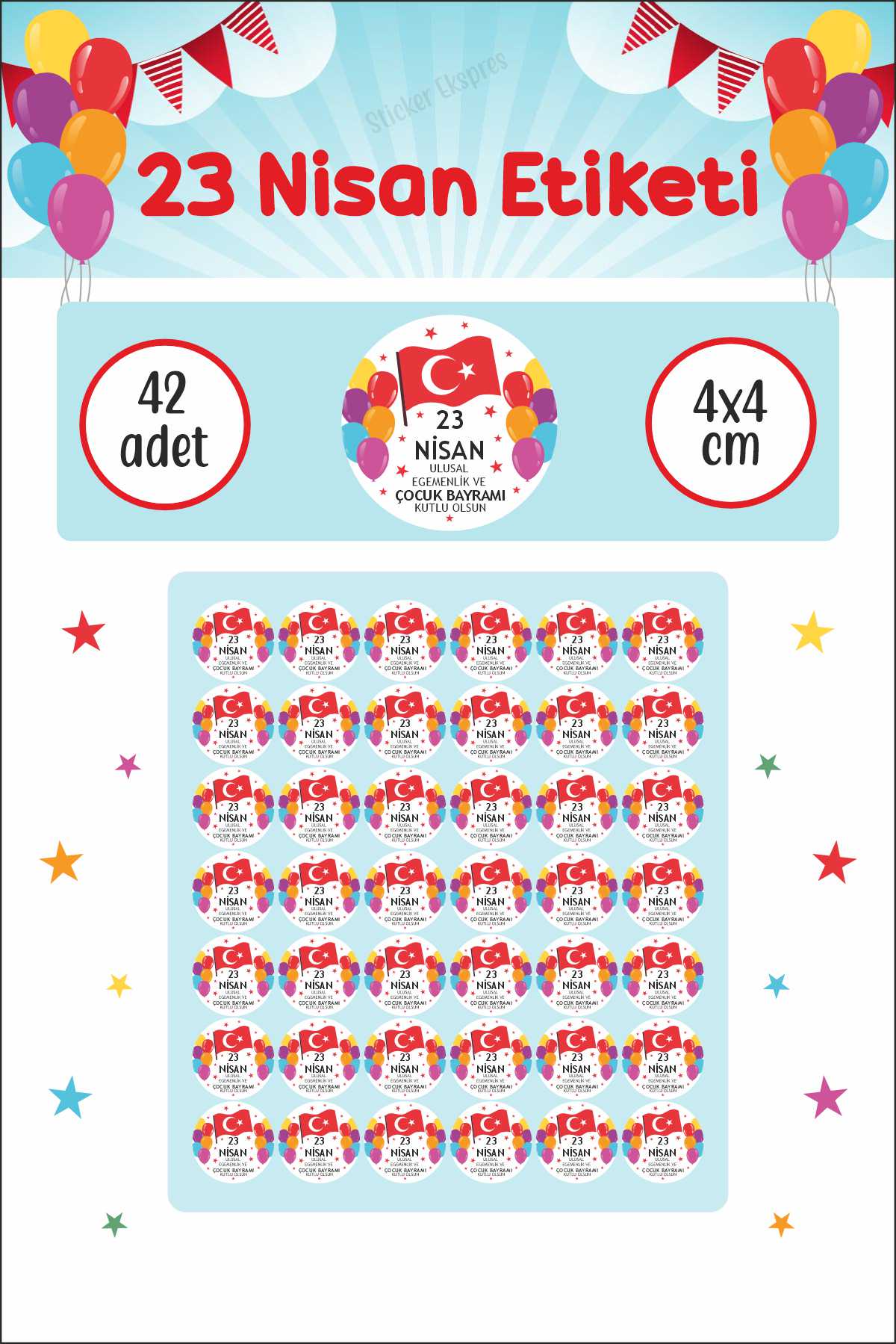 23 Nisan Etiketi Renkli Balonlu Ve Bayraklı Ulusal Egemenlik Ve Çocuk Bayramı Sticker