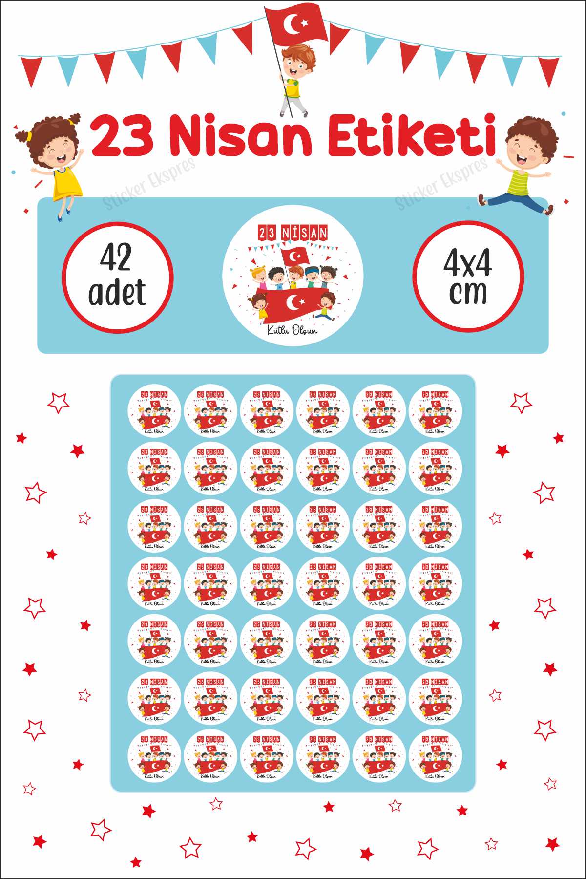 23 Nisan Etiketi Çocuk Konfeti Ve Bayraklı Ulusal Egemenlik Ve Çocuk Bayramı Sticker
