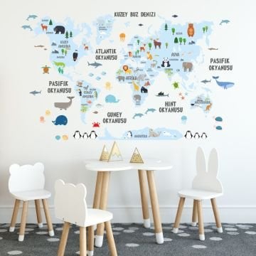 Türkçe Dünya Haritası Sticker Açık Mavi