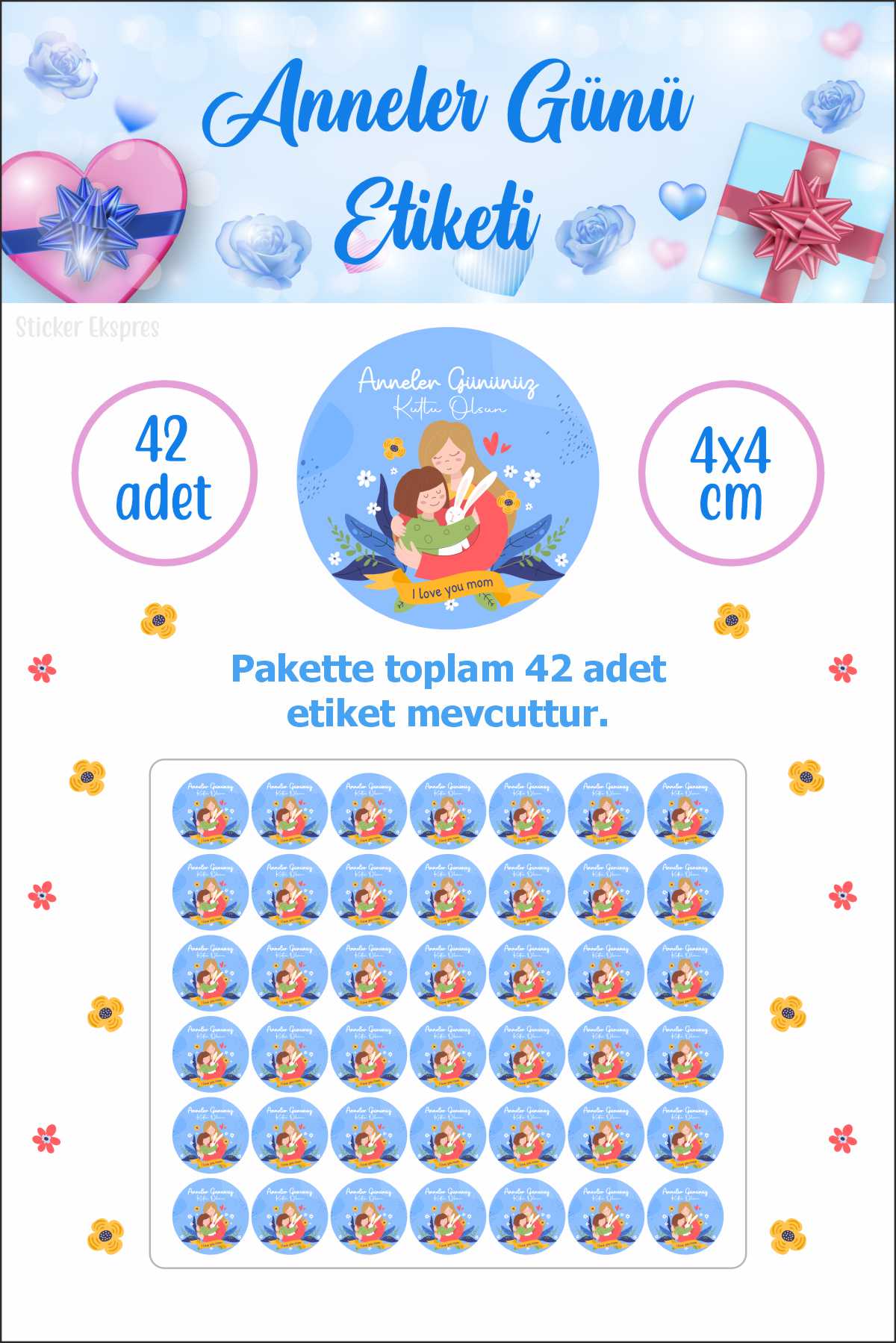 Mavi Zeminli Anneler Günü Etiketi Su Geçirmez Sticker