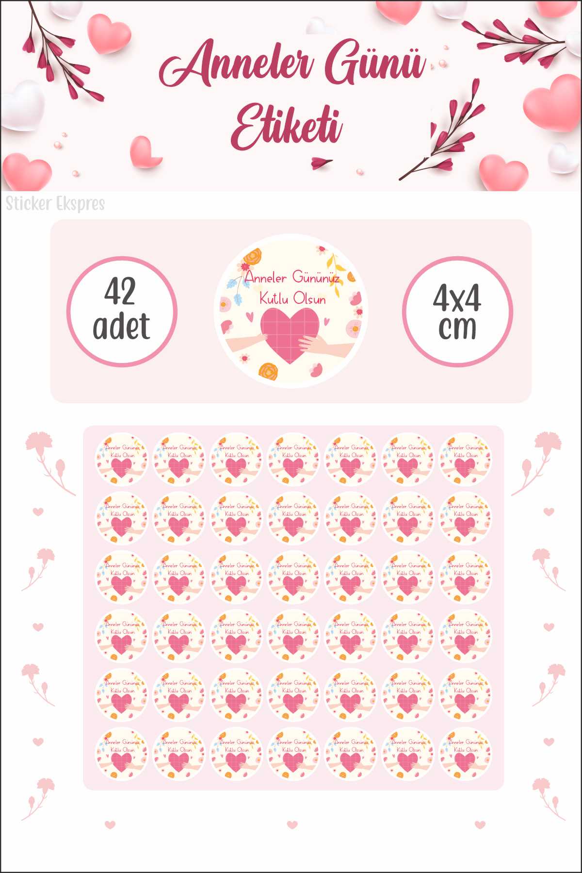 Pembe Kalpli Anneler Günü Etiketi Su Geçirmez Sticker