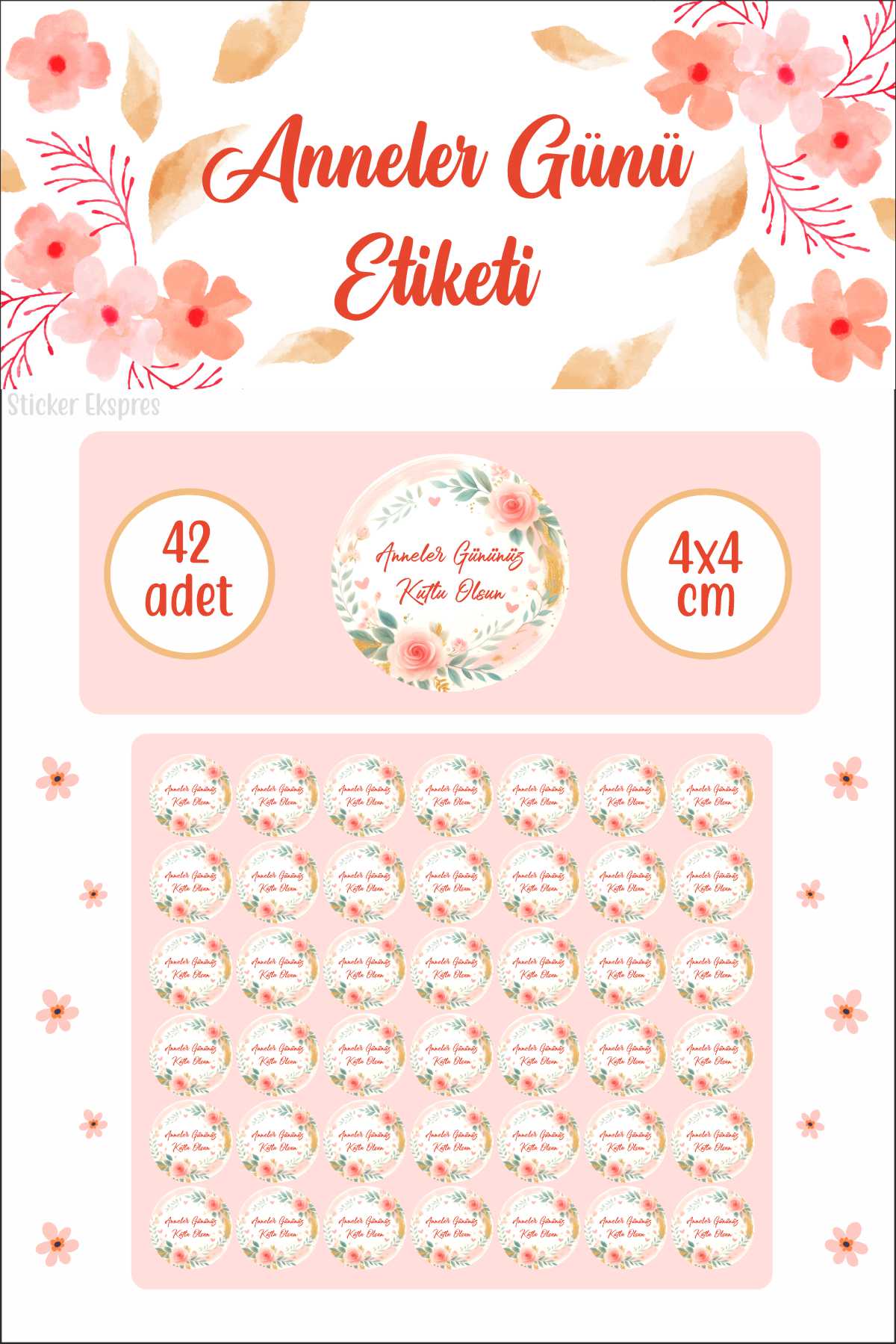 Somon Renk Çiçekli Anneler Günü Etiketi Su Geçirmez Sticker
