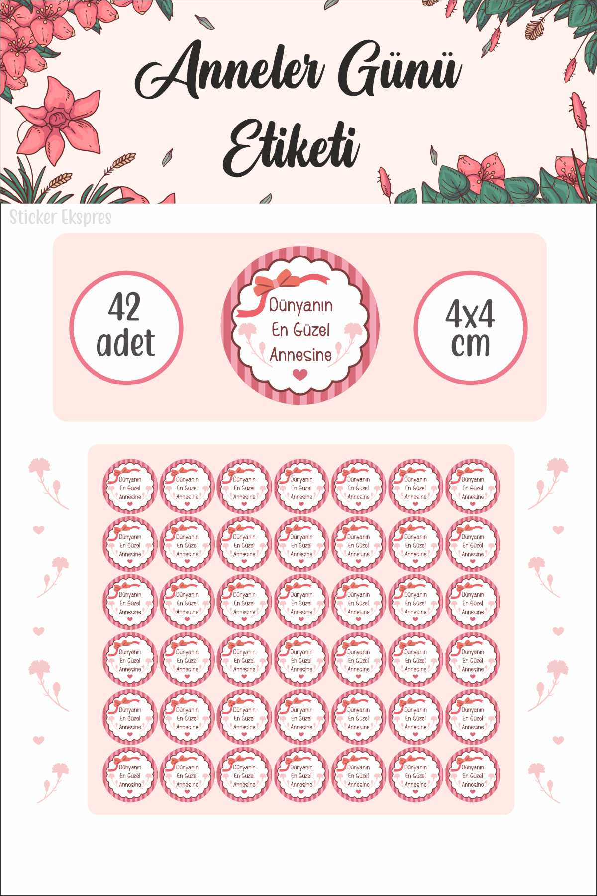Kurdele Ve Çiçekli Anneler Günü Etiketi Su Geçirmez Sticker