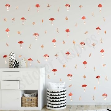 Kırmızı Mantarlar Ve Yapraklar Çocuk Odası Duvar Sticker Seti Mantar Sticker