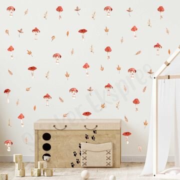 Kırmızı Mantarlar Ve Yapraklar Çocuk Odası Duvar Sticker Seti Mantar Sticker