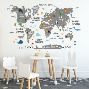 Türkçe Dünya Haritası Sticker Koyu Gri