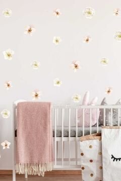 Toz Pembe Krem Suluboya Çiçekler Çocuk Odası Duvar Sticker Seti Çiçek Etiket