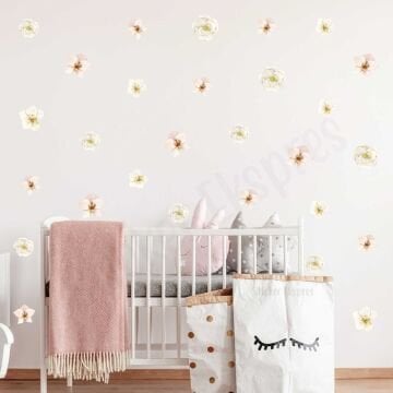 Toz Pembe Krem Suluboya Çiçekler Çocuk Odası Duvar Sticker Seti Çiçek Etiket
