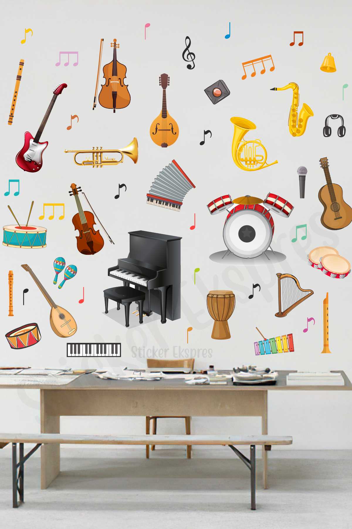 Müzik Aletleri Anaokulu Kreş Okul Çocuk Odası Duvar Kapı Cam Sticker Seti