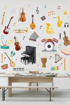 Müzik Aletleri Anaokulu Kreş Okul Çocuk Odası Duvar Kapı Cam Sticker Seti
