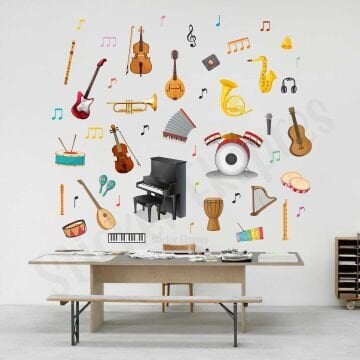 Müzik Aletleri Anaokulu Kreş Okul Çocuk Odası Duvar Kapı Cam Sticker Seti