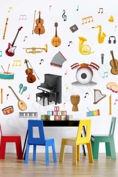 Müzik Aletleri Anaokulu Kreş Okul Çocuk Odası Duvar Kapı Cam Sticker Seti
