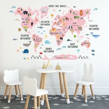 Türkçe Dünya Haritası Sticker Açık Pembe