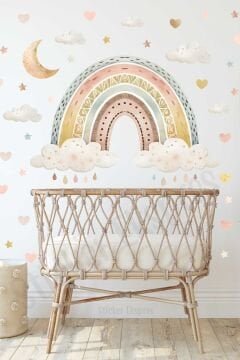 Pastel Renklerde Boho Gökkuşağı Çocuk Odası Duvar Sticker Seti