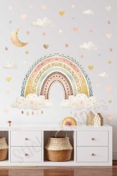 Pastel Renklerde Boho Gökkuşağı Çocuk Odası Duvar Sticker Seti