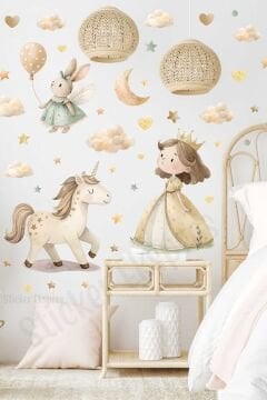 Bohem Unicorn Ve Prenses Çocuk Odası Duvar Sticker Seti