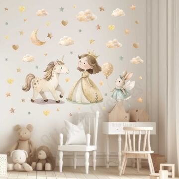 Bohem Unicorn Ve Prenses Çocuk Odası Duvar Sticker Seti