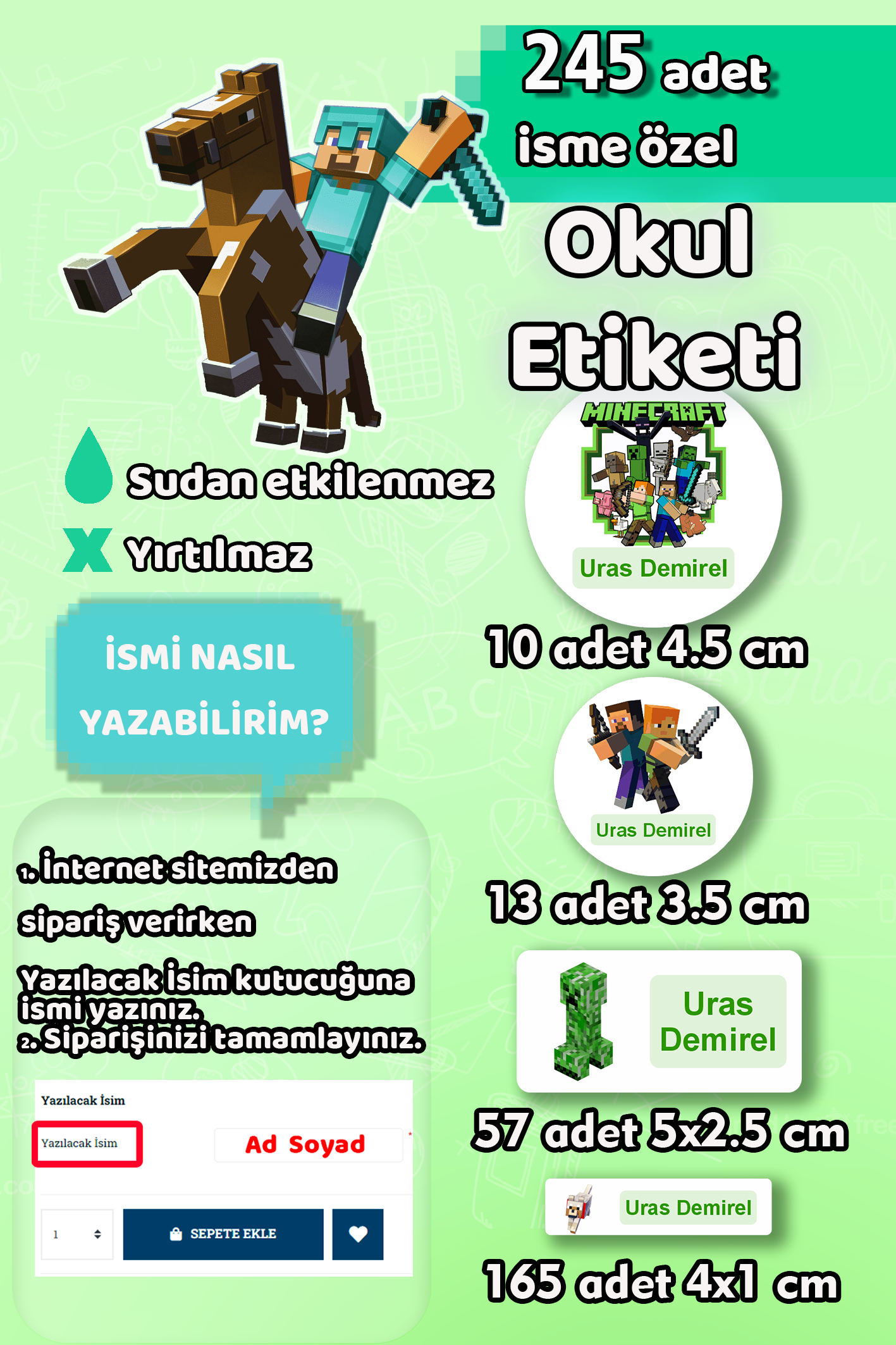 Okul Etiketi Minecraft Kalem Defter Etiketi Özel İsim Yazılabilen Etiket 245 Adet