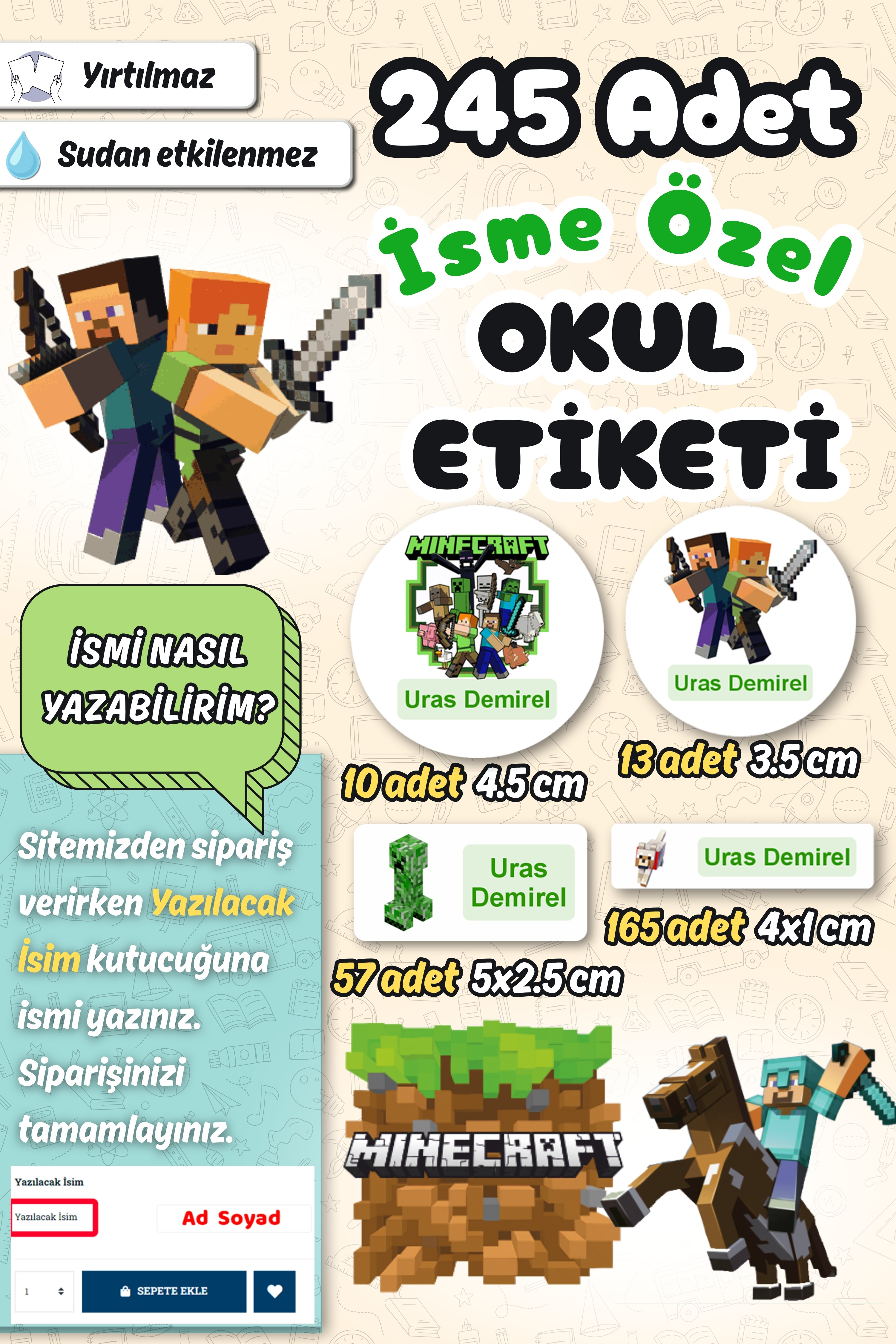 Okul Etiketi Minecraft Kalem Defter Etiketi Özel İsim Yazılabilen Etiket 245 Adet