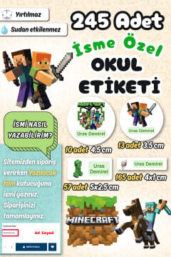Okul Etiketi Minecraft Kalem Defter Etiketi Özel İsim Yazılabilen Etiket 245 Adet