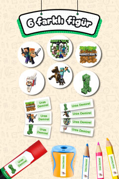 Okul Etiketi Minecraft Kalem Defter Etiketi Özel İsim Yazılabilen Etiket 245 Adet