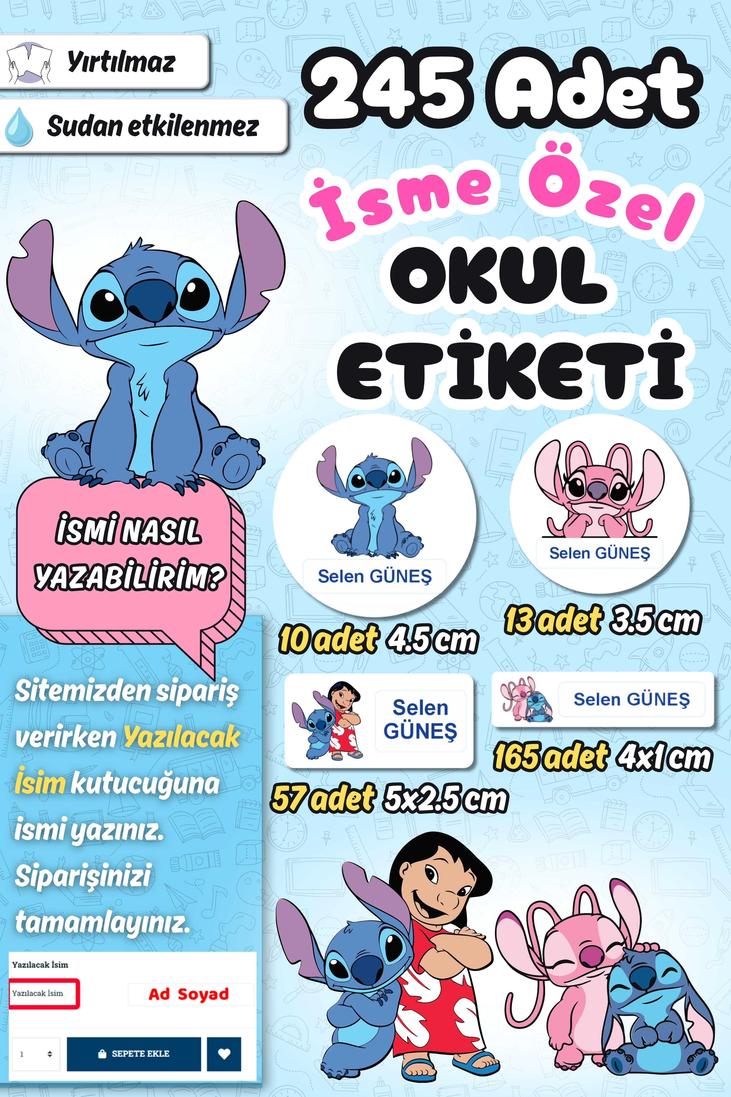 Okul Etiketi Stitch Kalem Defter Etiketi Özel İsim Yazılabilen Etiket 245 Adet