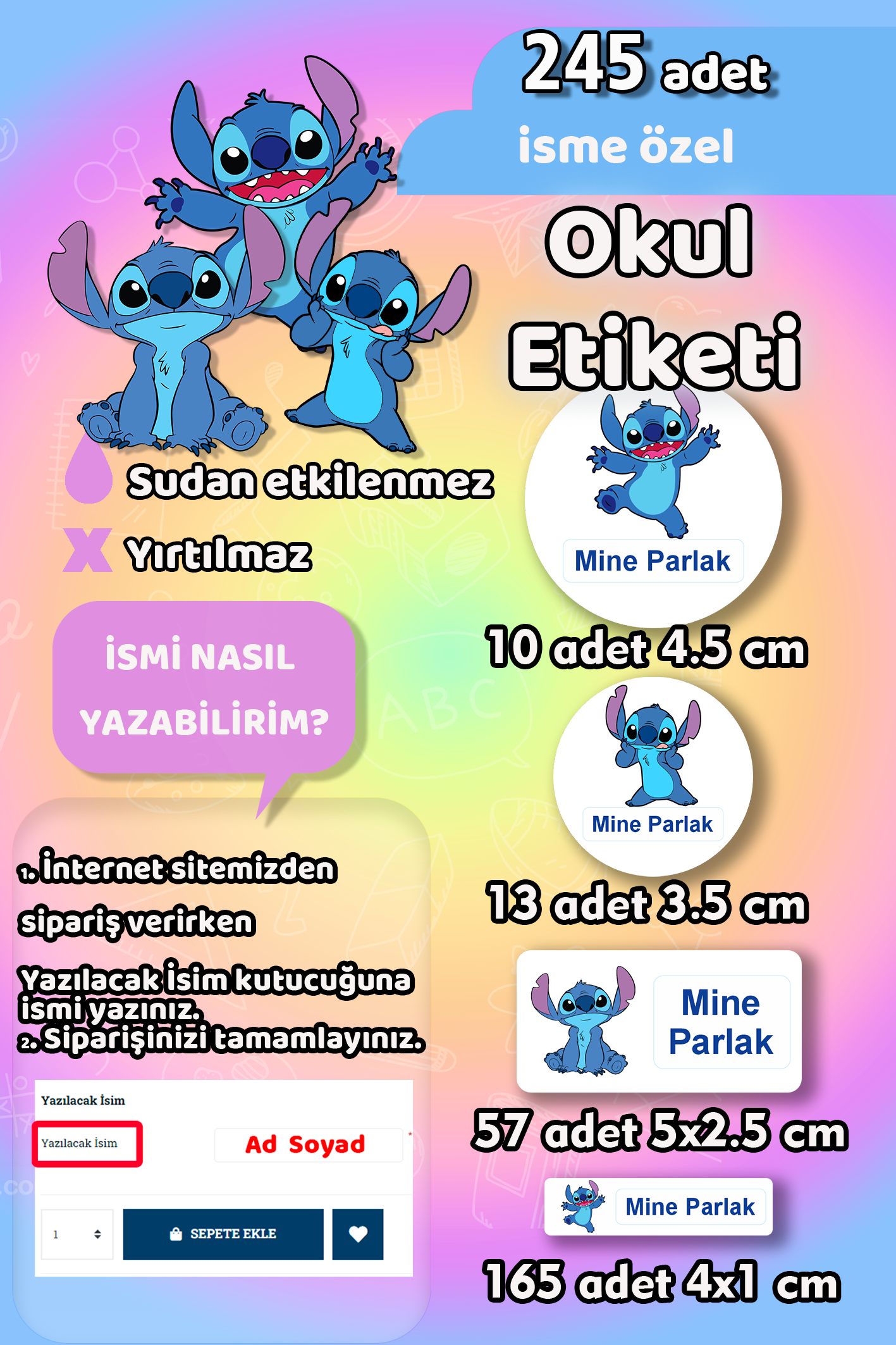 Okul Etiketi Stitch Kalem Defter Etiketi Özel İsim Yazılabilen Etiket 245 Adet