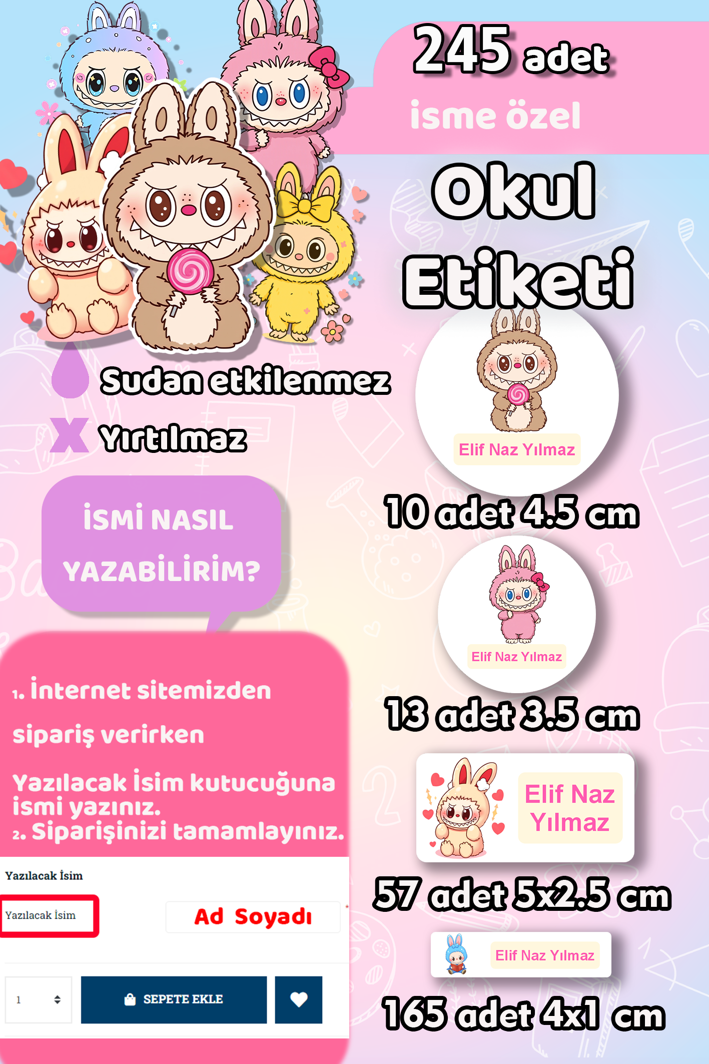 Okul Etiketi Labubu Kızlar İçin Kalem Defter Etiketi Özel İsim Yazılabilen Etiket 245 Adet