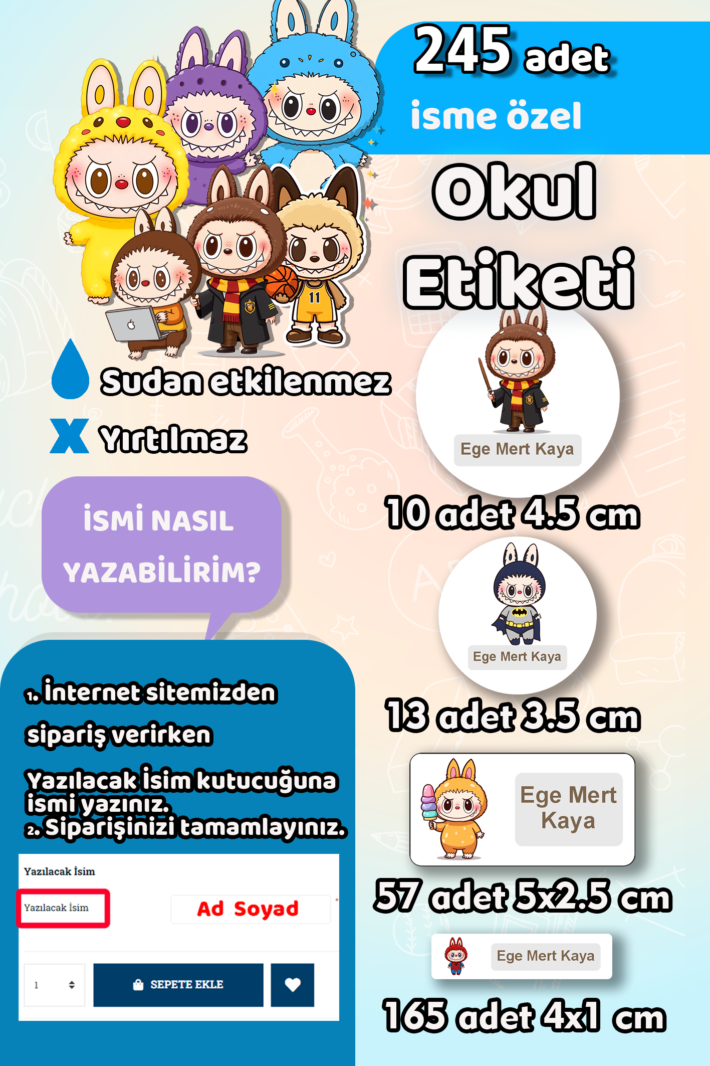Okul Etiketi Labubu Erkek/Kız Kalem Defter Etiketi Özel İsim Yazılabilen Etiket 245 Adet