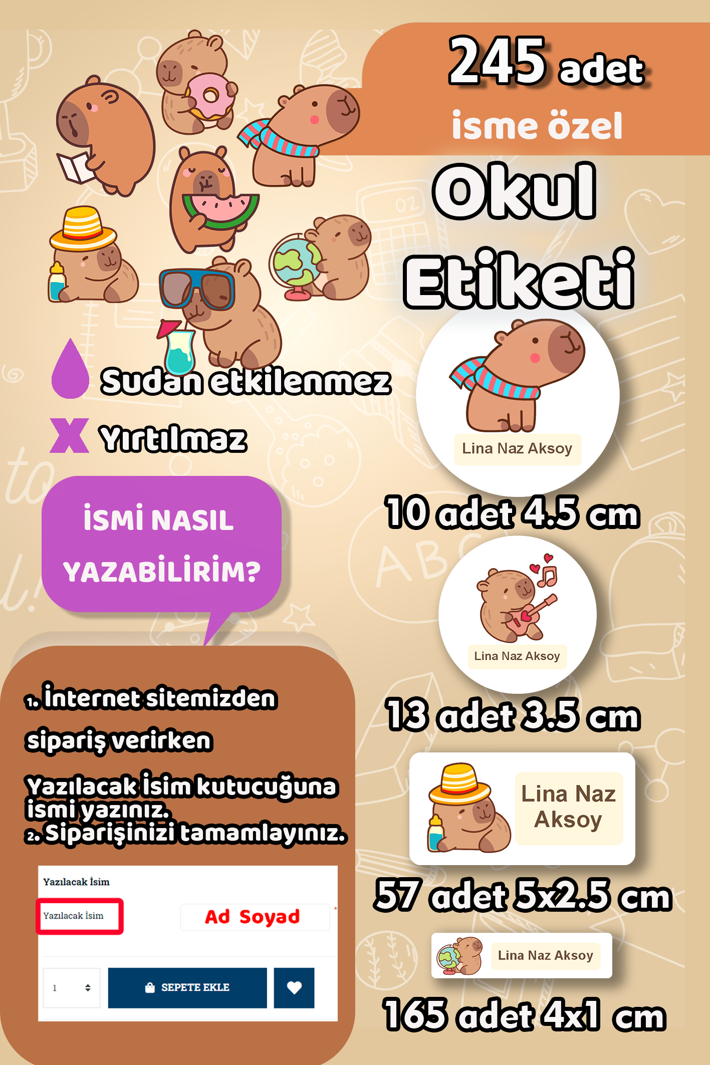 Okul Etiketi Capybara Kapibara Kalem Defter Etiketi Özel İsim Yazılabilen Etiket 245 Adet