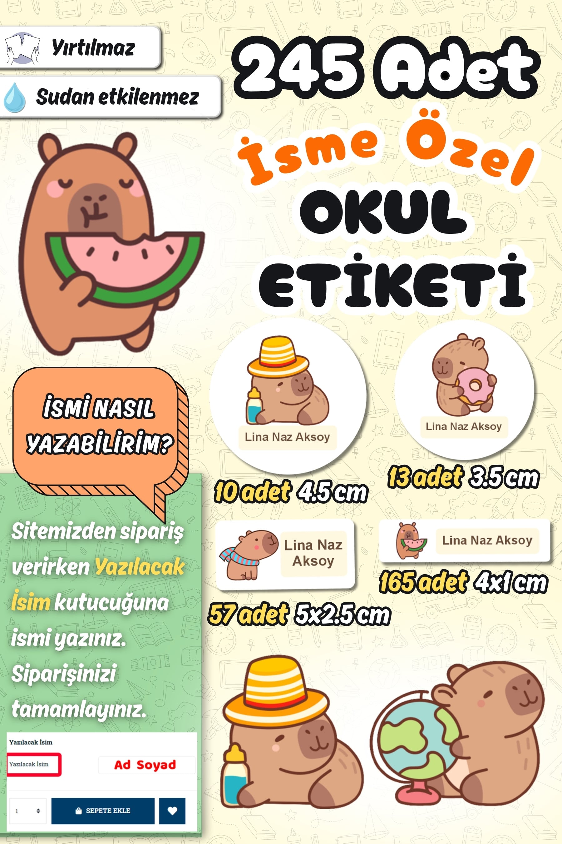 Okul Etiketi Capybara Kapibara Kalem Defter Etiketi Özel İsim Yazılabilen Etiket 245 Adet