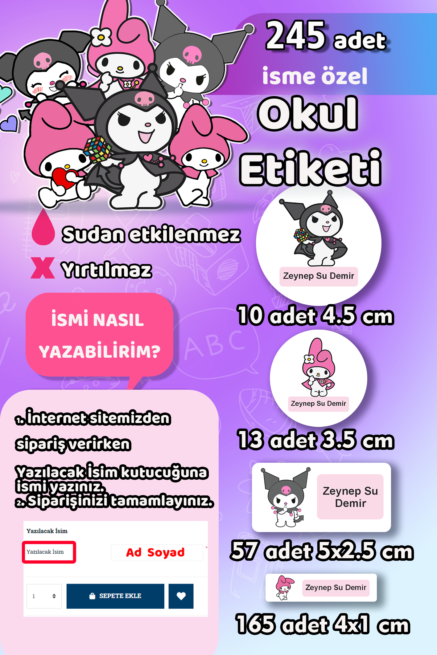 Okul Etiketi Kuromi ve My Melody Kalem Defter Etiketi Özel İsim Yazılabilen Etiket 245 Adet