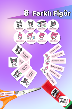 Okul Etiketi Kuromi ve My Melody Kalem Defter Etiketi Özel İsim Yazılabilen Etiket 245 Adet
