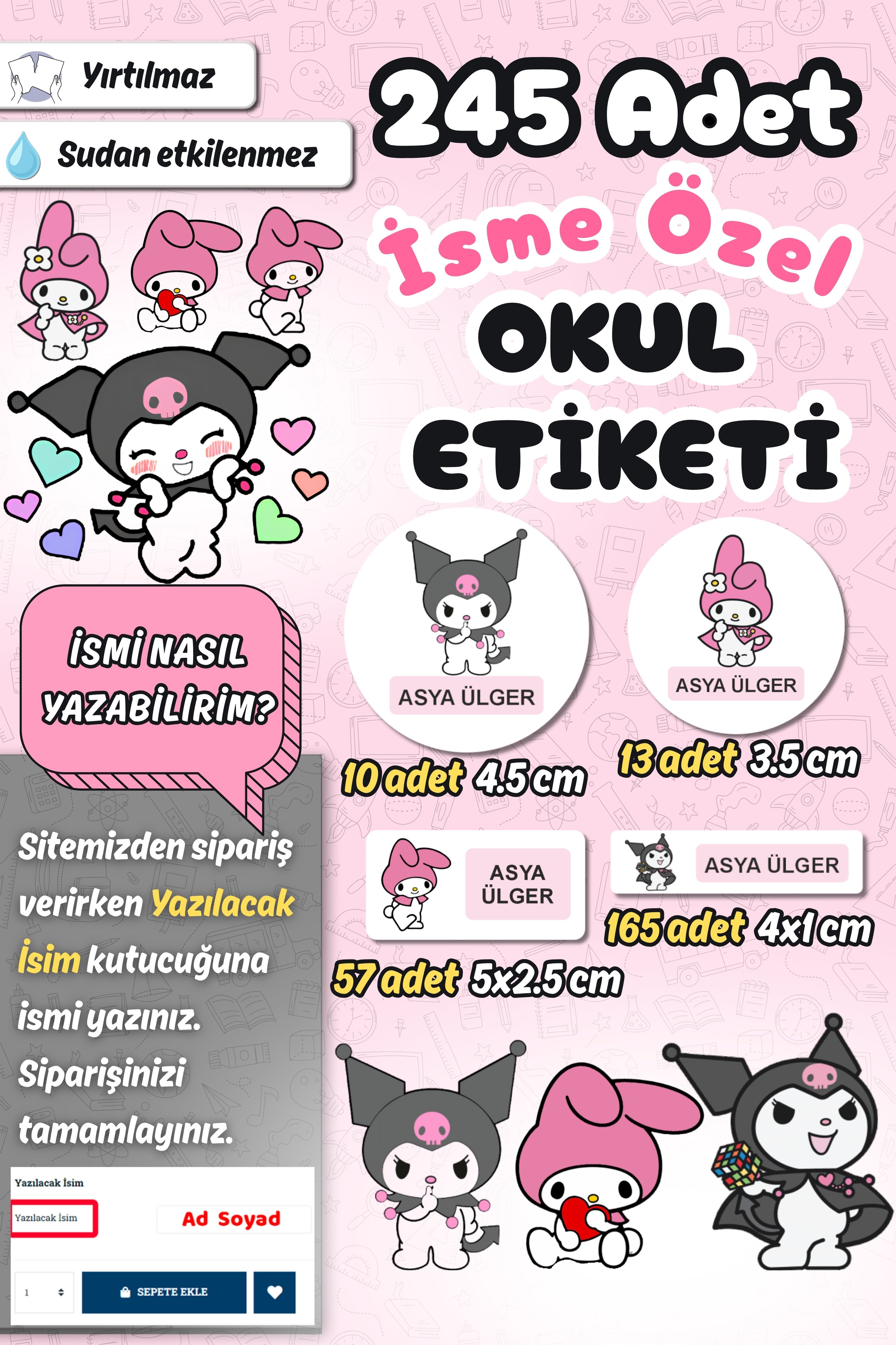 Okul Etiketi Kuromi ve My Melody Kalem Defter Etiketi Özel İsim Yazılabilen Etiket 245 Adet