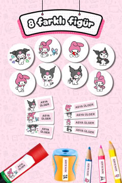 Okul Etiketi Kuromi ve My Melody Kalem Defter Etiketi Özel İsim Yazılabilen Etiket 245 Adet