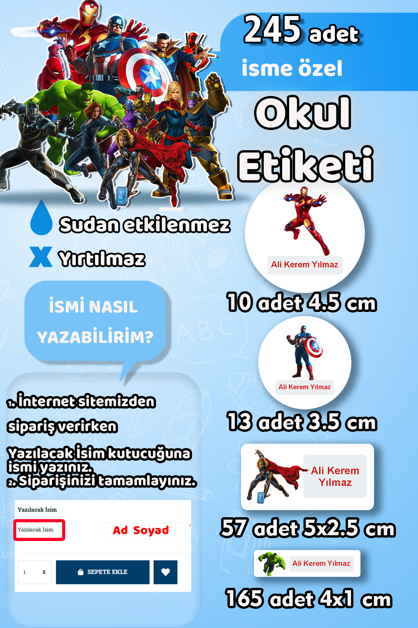 Okul Etiketi Marvel Avengers Kalem Defter Etiketi Özel İsim Yazılabilen Etiket 245 Adet