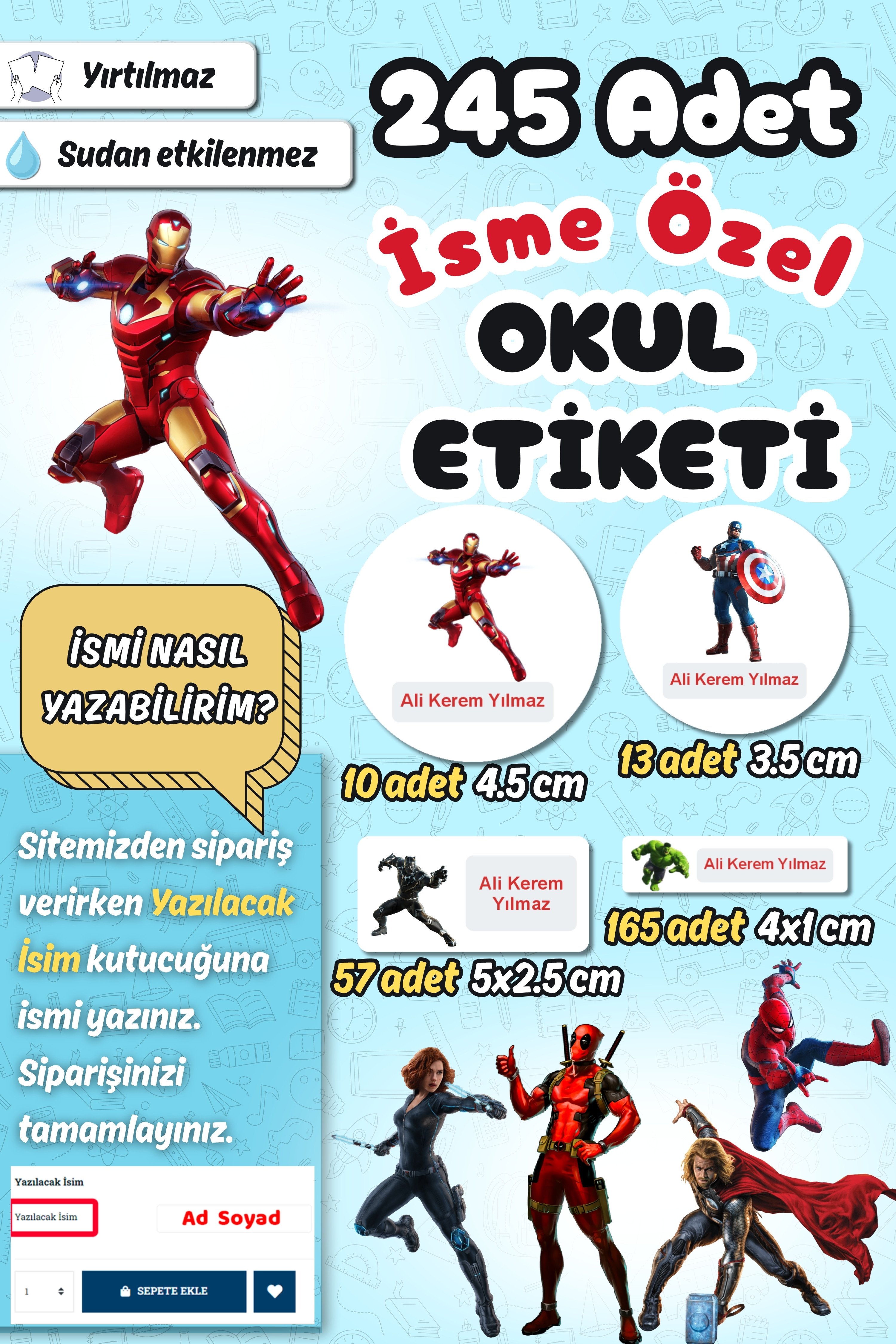Okul Etiketi Marvel Avengers Kalem Defter Etiketi Özel İsim Yazılabilen Etiket 245 Adet