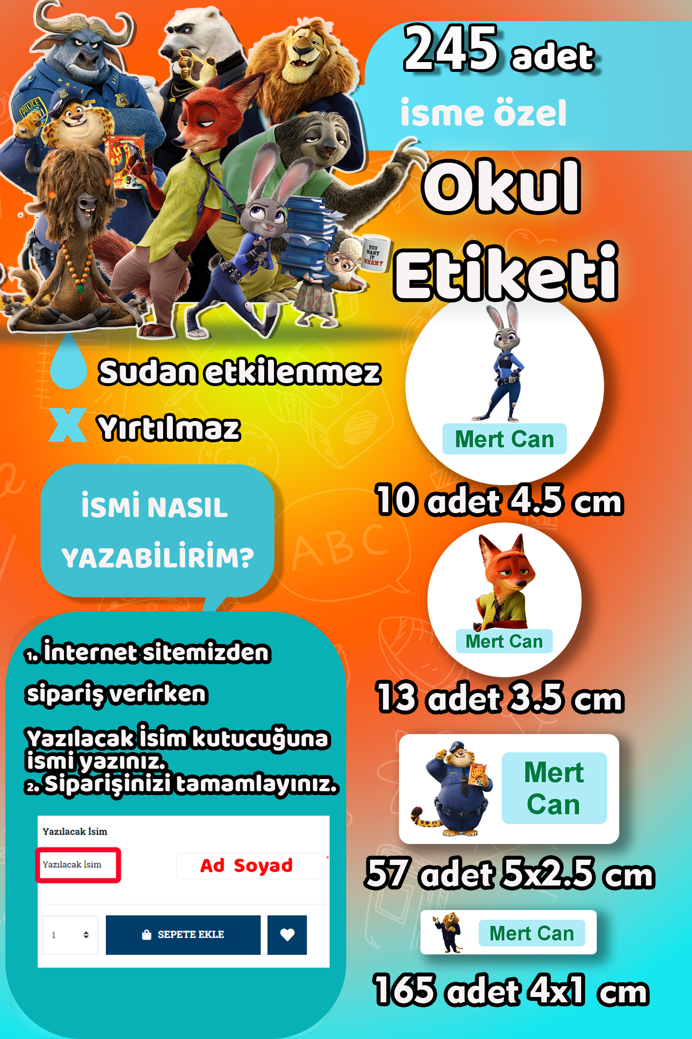 Okul Etiketi Zootopia Zootropolis Kalem Defter Etiketi Özel İsim Yazılabilen Etiket 245 Adet