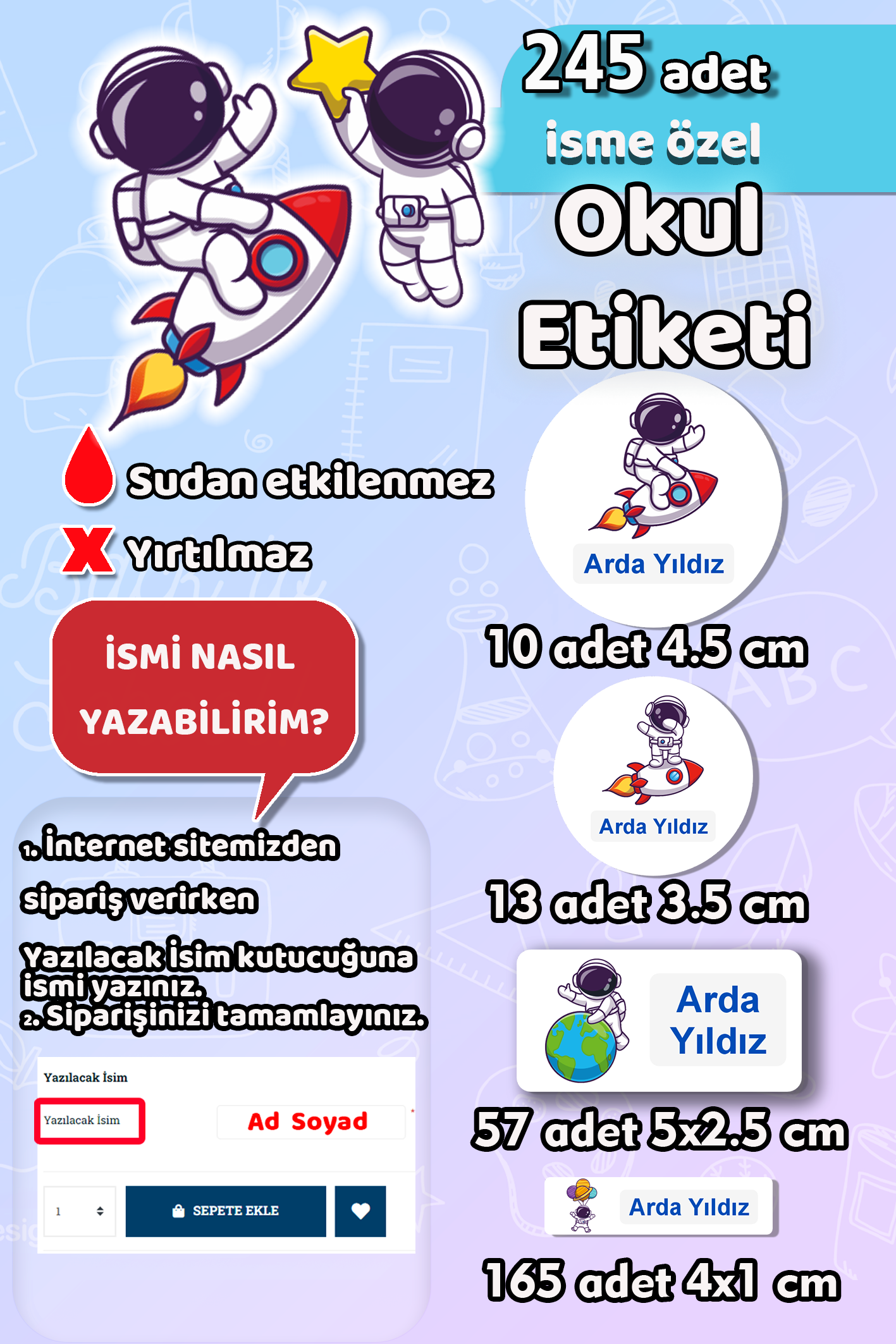 Okul Etiketi Astronot Uzay Temalı Kalem Defter Etiketi Özel İsim Yazılabilen Etiket 245 Adet
