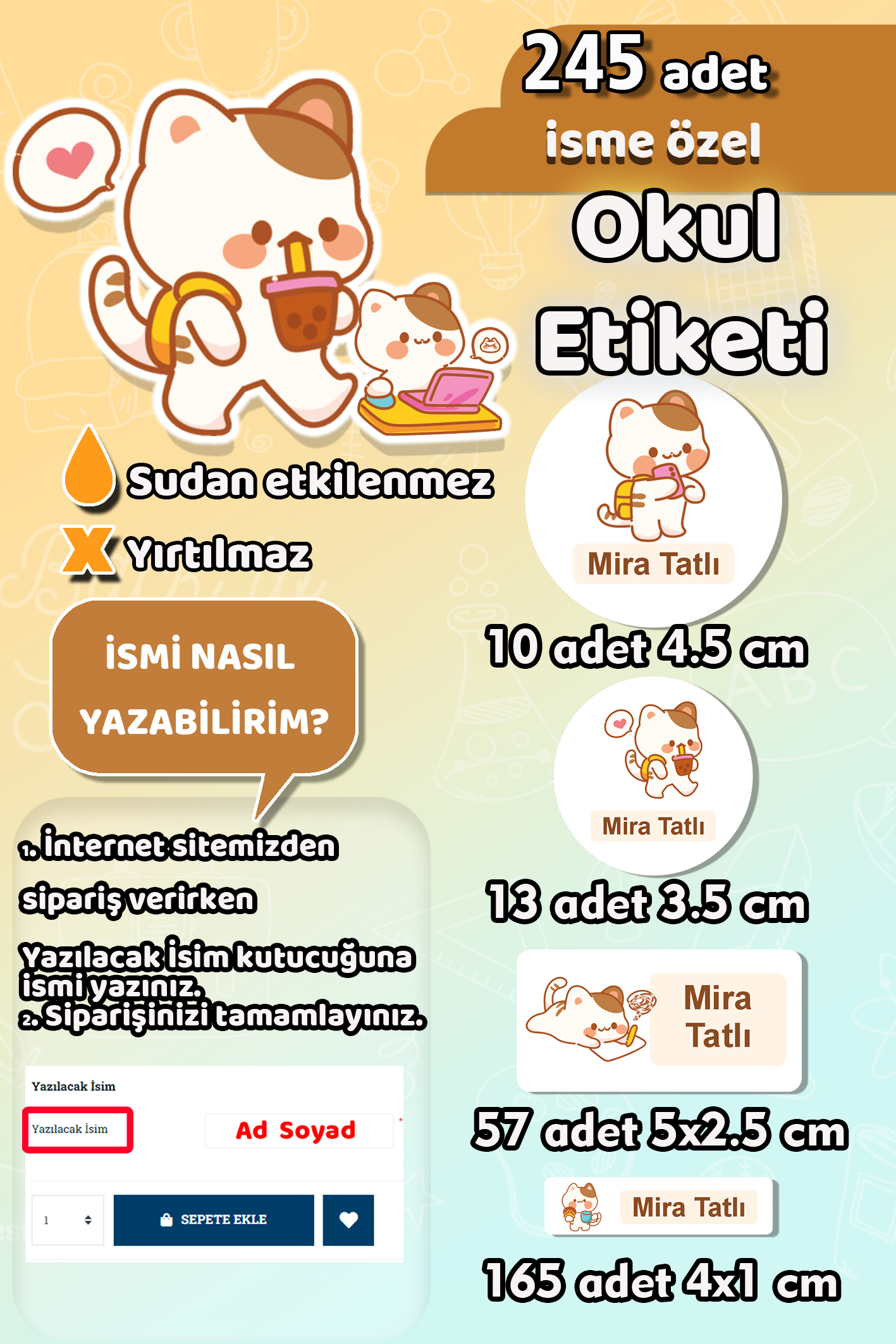 Okul Etiketi Sevimli Kediler Kedi Temalı Kalem Defter Etiketi Özel İsim Yazılabilen Etiket 245 Adet