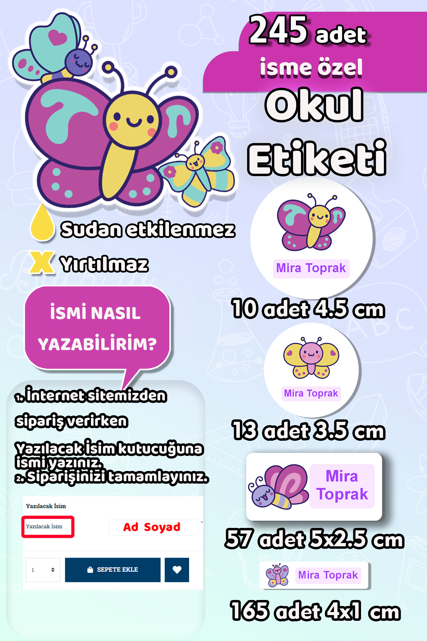 Okul Etiketi Sevimli Kelebek Temalı Kalem Defter Etiketi Özel İsim Yazılabilen Etiket 245 Adet
