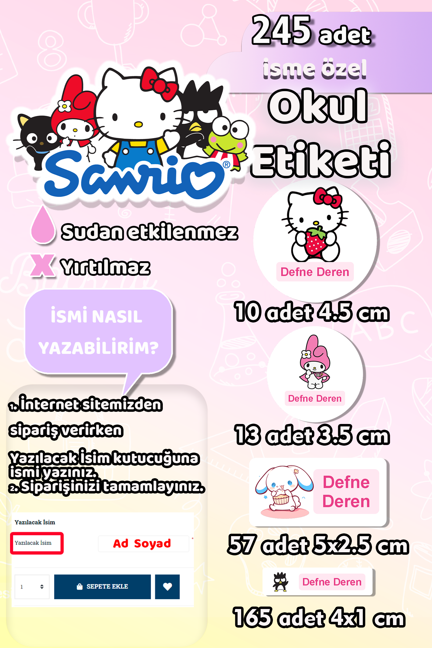 Okul Etiketi Sanrio Temalı Kalem Defter Etiketi Özel İsim Yazılabilen Etiket 245 Adet