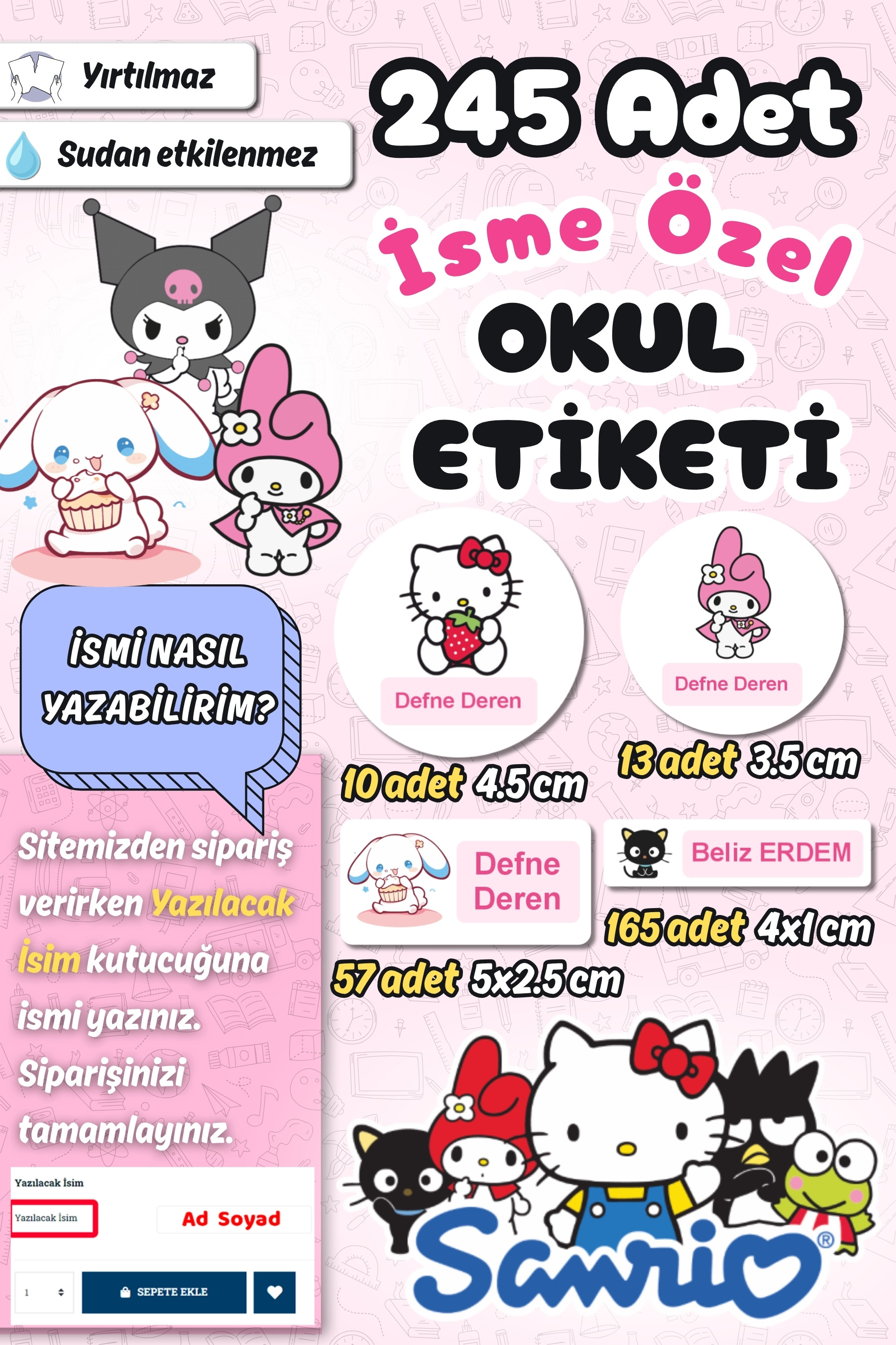 Okul Etiketi Sanrio Temalı Kalem Defter Etiketi Özel İsim Yazılabilen Etiket 245 Adet