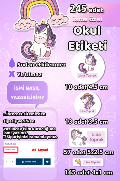 Okul Etiketi Lila Mor Unicorn Kalem Defter Etiketi Özel İsim Yazılabilen Etiket 245 Adet