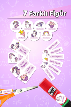 Okul Etiketi Lila Mor Unicorn Kalem Defter Etiketi Özel İsim Yazılabilen Etiket 245 Adet