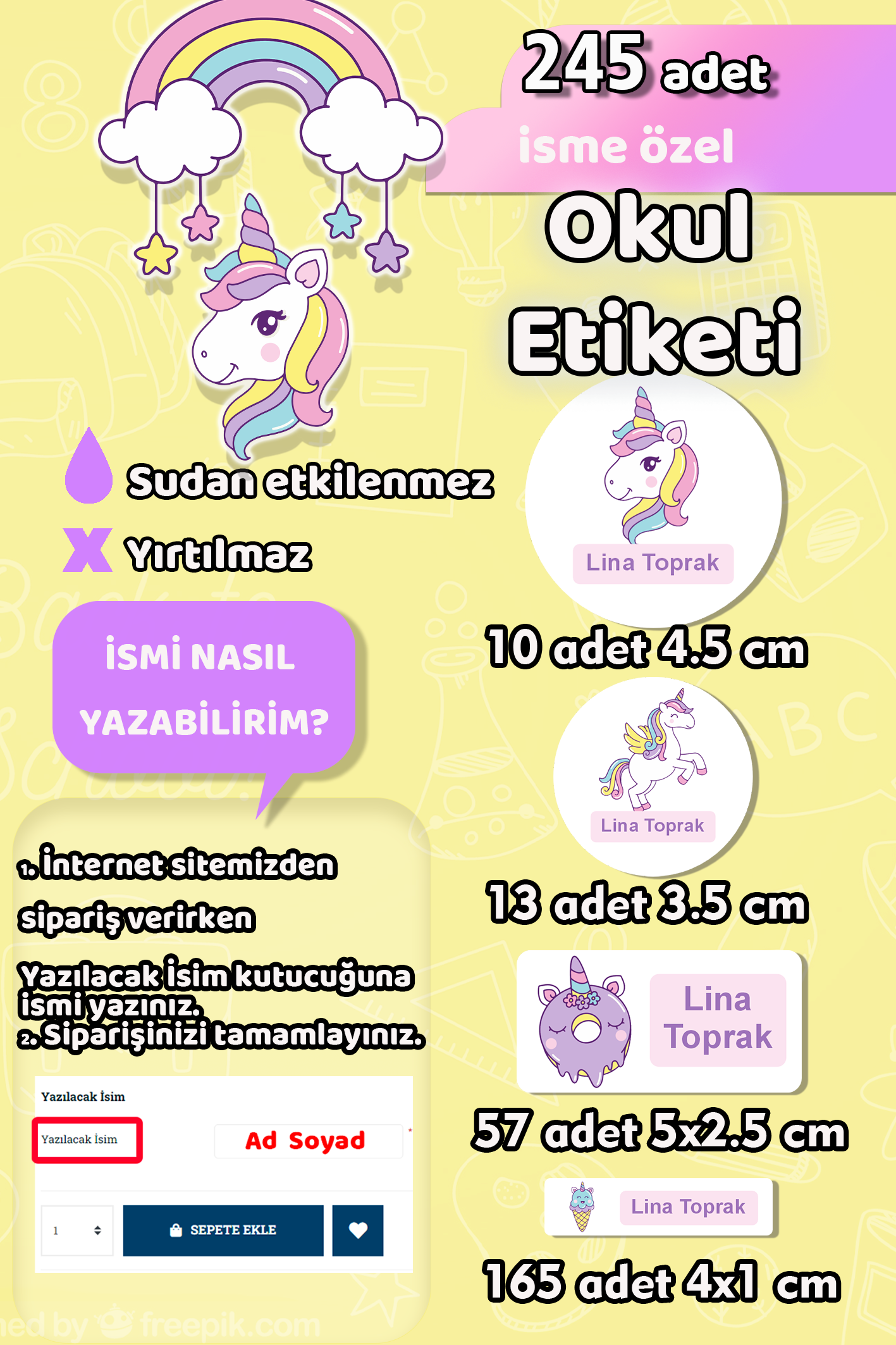 Okul Etiketi Şirin Unicorn Kalem Defter Etiketi Özel İsim Yazılabilen Etiket 245 Adet