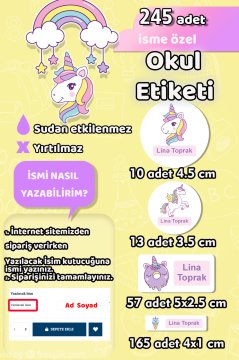 Okul Etiketi Şirin Unicorn Kalem Defter Etiketi Özel İsim Yazılabilen Etiket 245 Adet